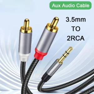 3.5mm to 2RCA Audio Cable – Stereo Aux Jack to RCA Male Splitter for TV, Amplifier, Speaker, Projector & Home Audio Systems