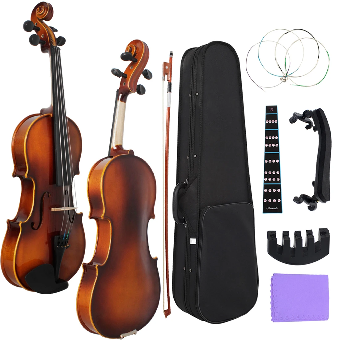 Astonvilla AV-04 4/4 Full Size Violin Set – Solid Wood Maple Panel with Handcarved Head, Lightweight Fitted Case, Bow, Strings, Shoulder Rest & Accessories